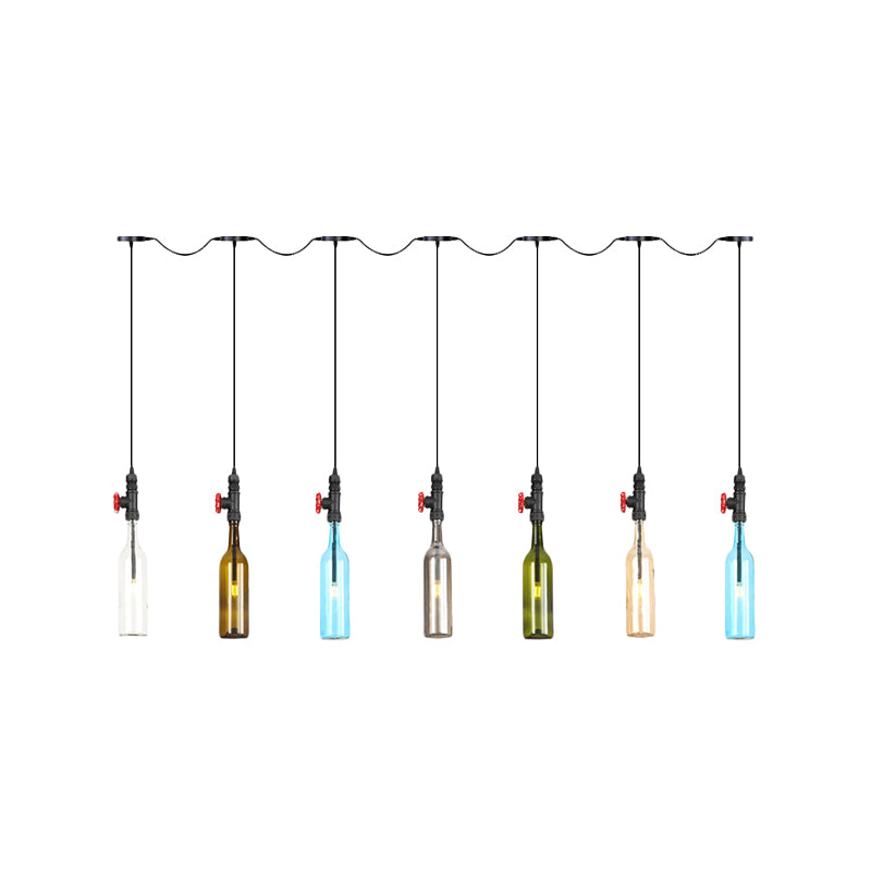 Industrial Multi-Bulb Ceiling Light with Black Finish and Colored Glass Bottles