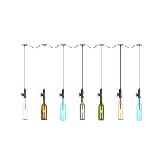 Industrial Multi-Bulb Ceiling Light with Black Finish and Colored Glass Bottles