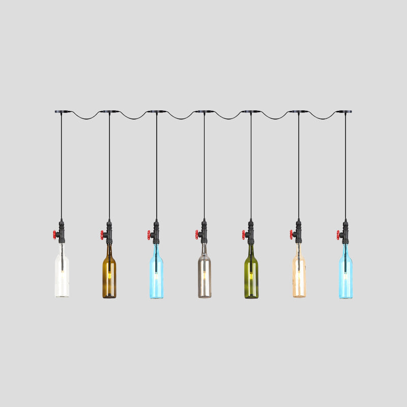 Industrial Multi-Bulb Ceiling Light with Black Finish and Colored Glass Bottles