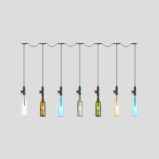 Industrial Multi-Bulb Ceiling Light with Black Finish and Colored Glass Bottles