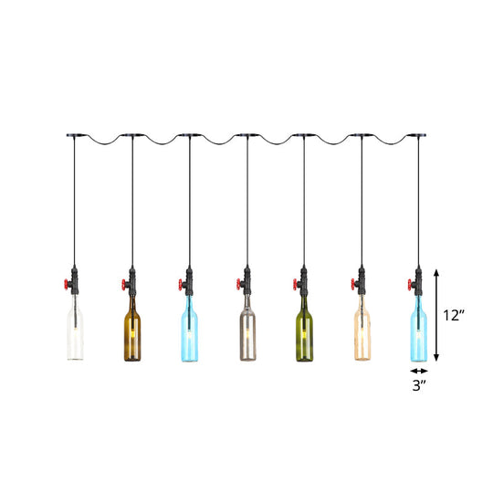 Industrial Multi-Bulb Ceiling Light with Black Finish and Colored Glass Bottles