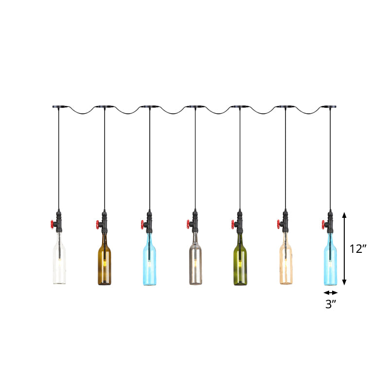 Industrial Black Finish Multi-Bulb Ceiling Light With Colored Glass Bottle Led Pendulum Lamps