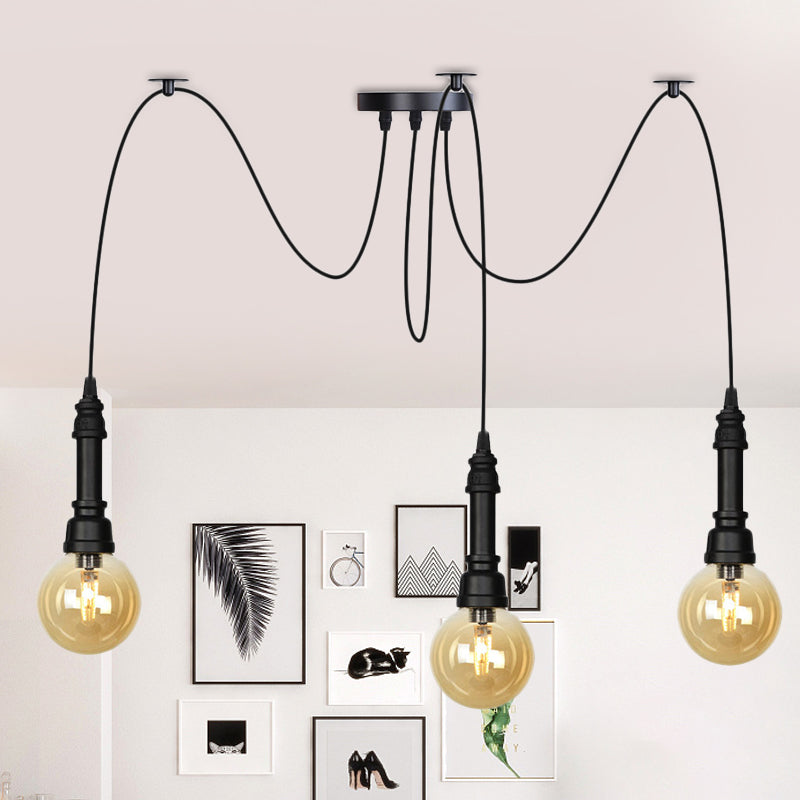 Vintage Black Finish Amber Glass Chandelier - Multi Light Pendant Lamp for Global Restaurants (2/3/6 Heads)