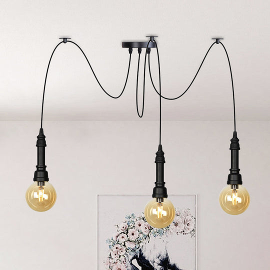 Vintage Black Finish Amber Glass Chandelier - Multi Light Pendant Lamp for Global Restaurants (2/3/6 Heads)