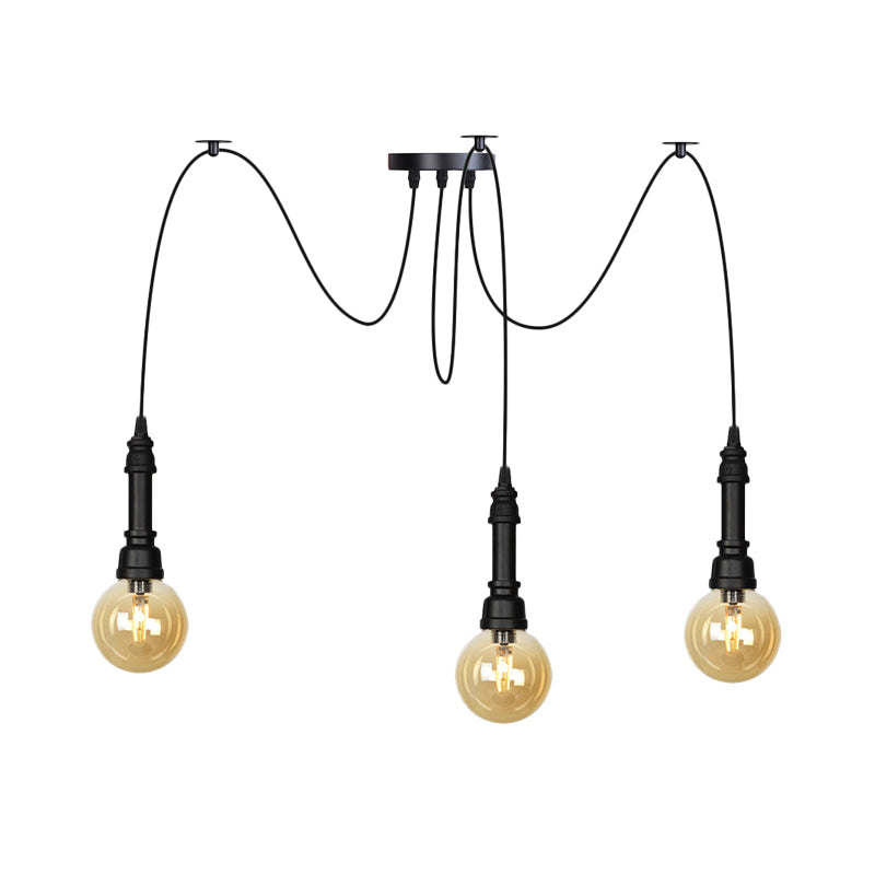 Vintage Black Finish Amber Glass Chandelier - Multi Light Pendant Lamp for Global Restaurants (2/3/6 Heads)