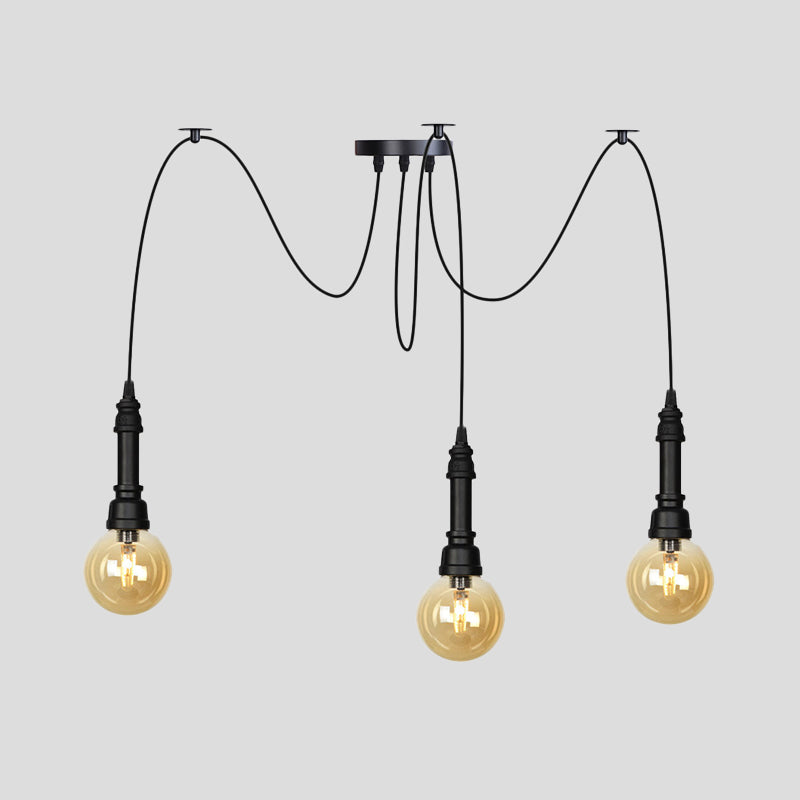 Vintage Black Finish Amber Glass Chandelier - Multi Light Pendant Lamp for Global Restaurants (2/3/6 Heads)