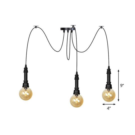 Vintage Black Finish Amber Glass Chandelier - Multi Light Pendant Lamp for Global Restaurants (2/3/6 Heads)