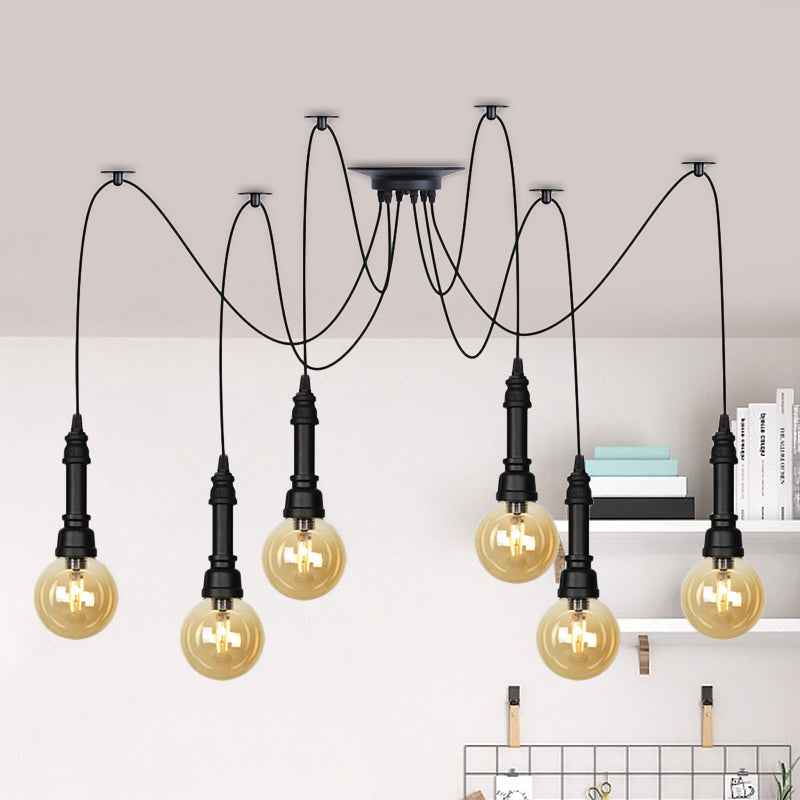 Vintage Black Finish Amber Glass Chandelier - Multi Light Pendant Lamp for Global Restaurants (2/3/6 Heads)