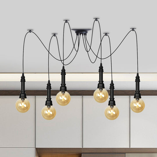 Vintage Black Finish Amber Glass Chandelier - Multi Light Pendant Lamp for Global Restaurants (2/3/6 Heads)