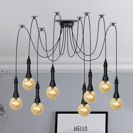 Vintage Amber Glass Chandelier With Multi-Light Pendants - Global Restaurant Swag Pendant Lamp In