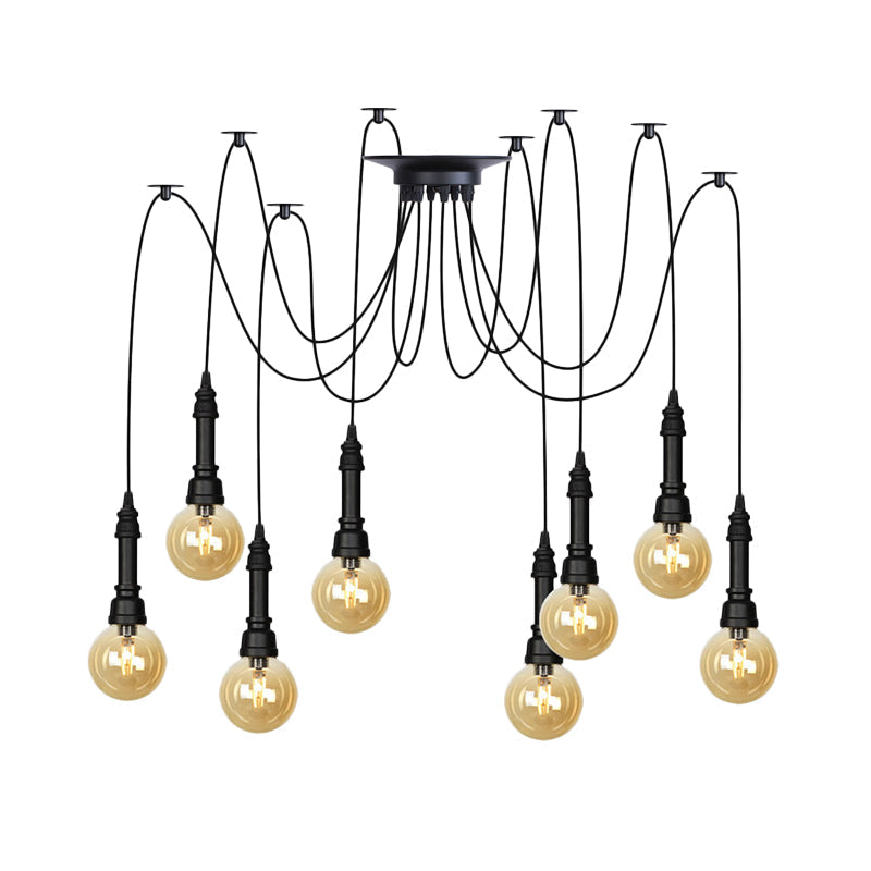 Vintage Black Finish Amber Glass Chandelier - Multi Light Pendant Lamp for Global Restaurants (2/3/6 Heads)