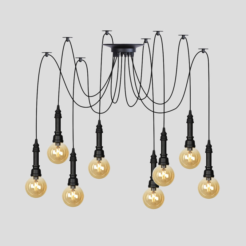 Vintage Black Finish Amber Glass Chandelier - Multi Light Pendant Lamp for Global Restaurants (2/3/6 Heads)