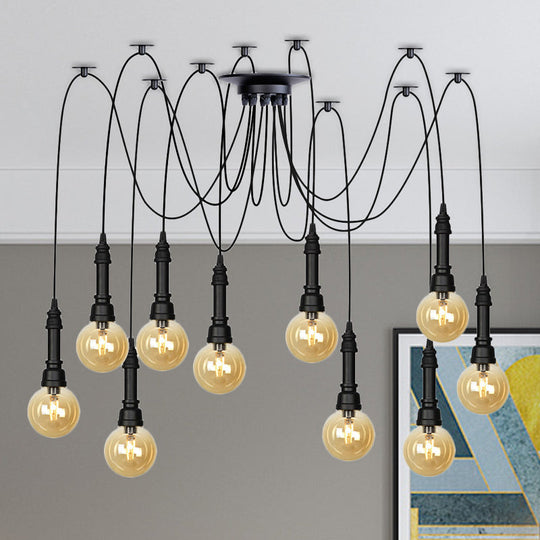 Vintage Black Finish Amber Glass Chandelier - Multi Light Pendant Lamp for Global Restaurants (2/3/6 Heads)