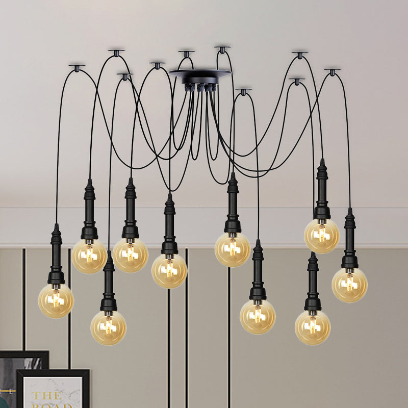 Vintage Black Finish Amber Glass Chandelier - Multi Light Pendant Lamp for Global Restaurants (2/3/6 Heads)