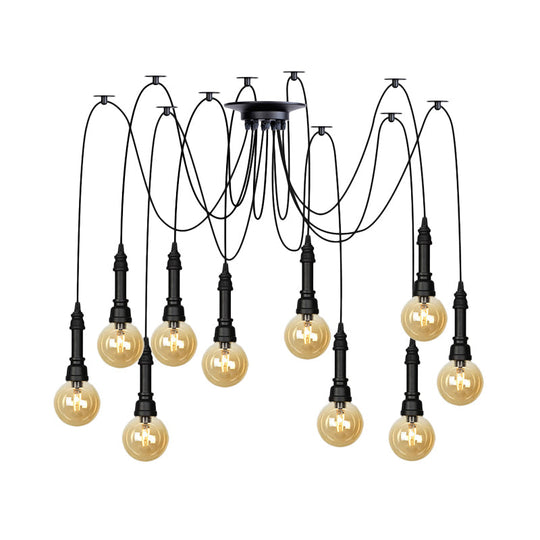 Vintage Black Finish Amber Glass Chandelier - Multi Light Pendant Lamp for Global Restaurants (2/3/6 Heads)