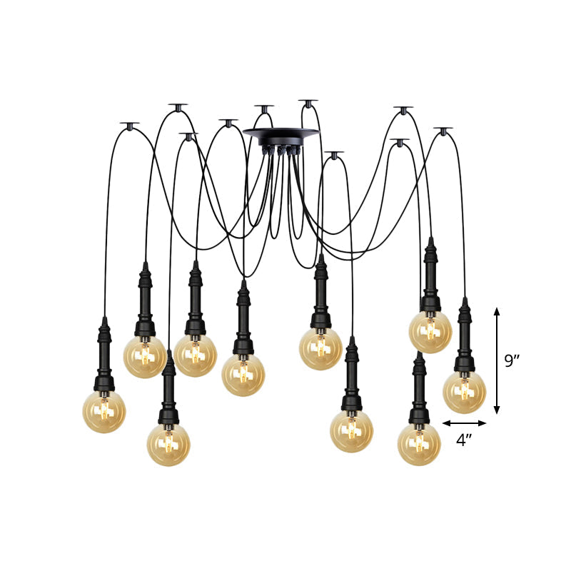 Vintage Black Finish Amber Glass Chandelier - Multi Light Pendant Lamp for Global Restaurants (2/3/6 Heads)