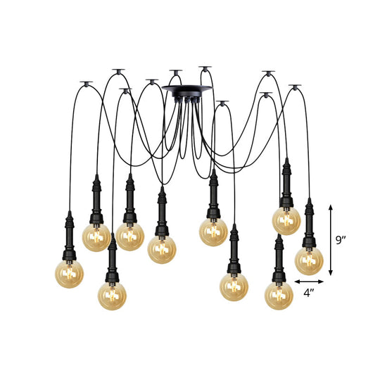 Vintage Black Finish Amber Glass Chandelier - Multi Light Pendant Lamp for Global Restaurants (2/3/6 Heads)