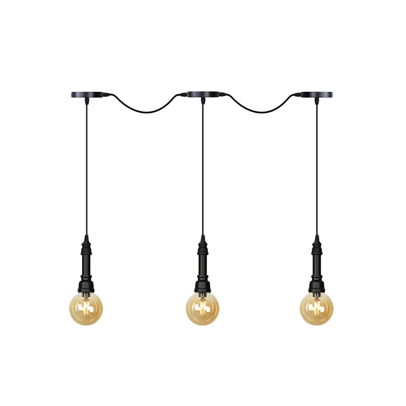 Vintage Amber Glass Ball Pendant Lamp in Black - Tandem LED Ceiling Light - 3/5/7-Light Coffee House Design