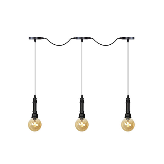 Vintage Amber Glass Ball Pendant Lamp in Black - Tandem LED Ceiling Light - 3/5/7-Light Coffee House Design