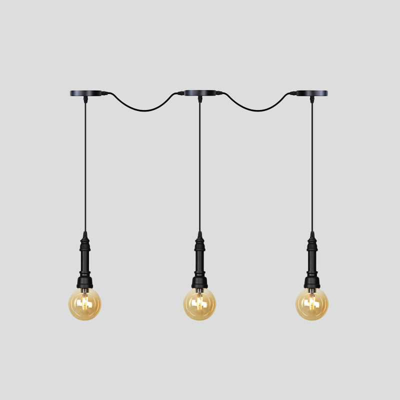 Vintage Amber Glass Ball Pendant Lamp in Black - Tandem LED Ceiling Light - 3/5/7-Light Coffee House Design