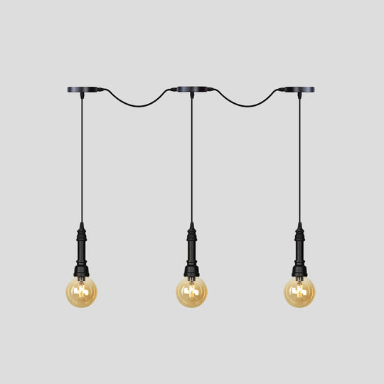 Vintage Amber Glass Ball Pendant Lamp in Black - Tandem LED Ceiling Light - 3/5/7-Light Coffee House Design