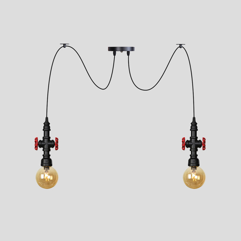 Industrial Amber Glass Swag Pendant Light Fixture with LED Multi Ceiling and Valve Deco - Globe Restaurant, Black, 2/3/6-Head Design