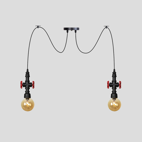 Industrial Amber Glass Swag Pendant Light Fixture with LED Multi Ceiling and Valve Deco - Globe Restaurant, Black, 2/3/6-Head Design