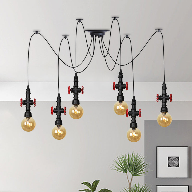 Industrial Amber Glass Swag Pendant Light Fixture with LED Multi Ceiling and Valve Deco - Globe Restaurant, Black, 2/3/6-Head Design