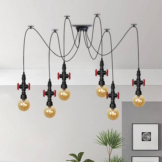 Industrial Amber Glass Swag Pendant Light Fixture with LED Multi Ceiling and Valve Deco - Globe Restaurant, Black, 2/3/6-Head Design