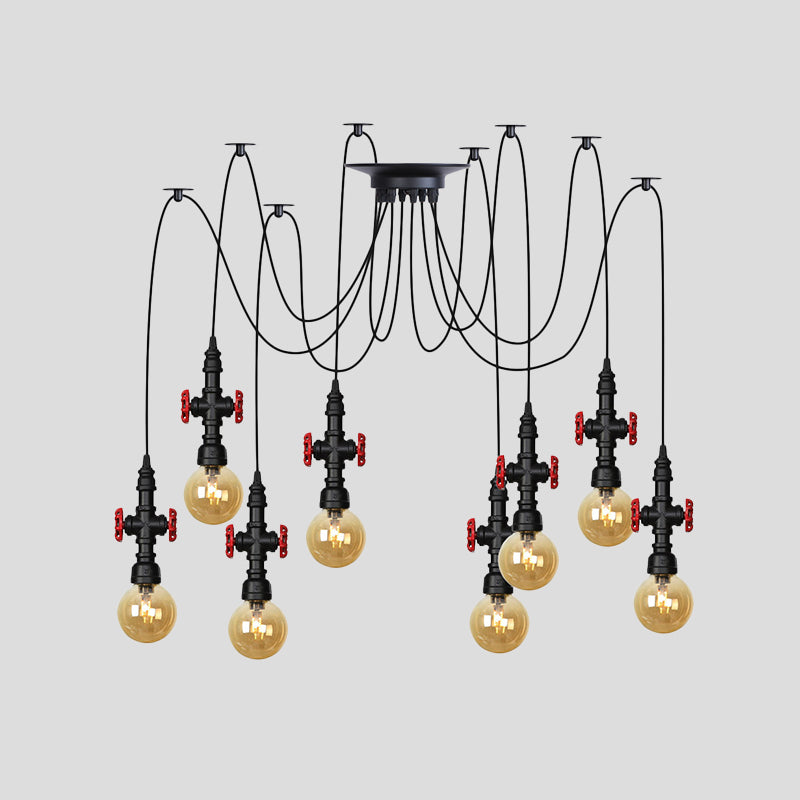 Industrial Amber Glass Swag Pendant Light Fixture with LED Multi Ceiling and Valve Deco - Globe Restaurant, Black, 2/3/6-Head Design