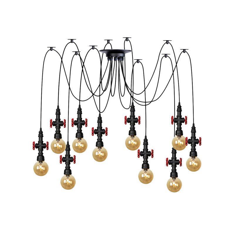 Industrial Amber Glass Swag Pendant Light Fixture with LED Multi Ceiling and Valve Deco - Globe Restaurant, Black, 2/3/6-Head Design