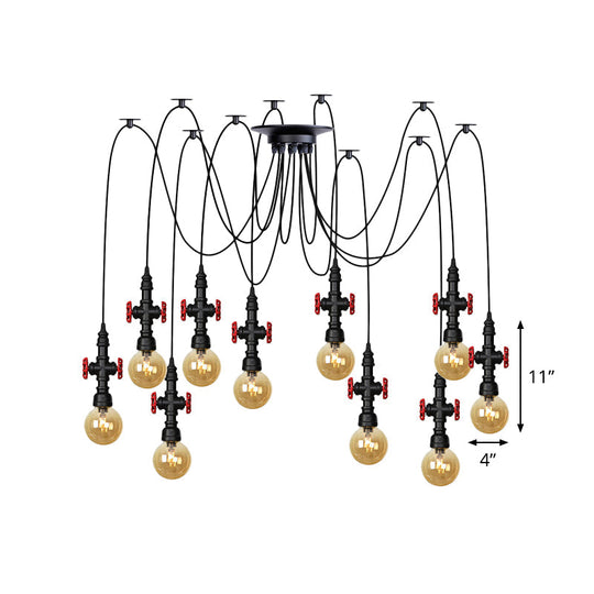 Industrial Amber Glass Swag Pendant Light Fixture with LED Multi Ceiling and Valve Deco - Globe Restaurant, Black, 2/3/6-Head Design