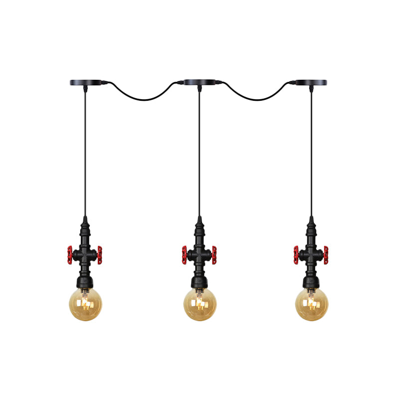 Antiqued Sphere Multi Light Chandelier with Amber Glass Pendant - LED Suspension in Black (3/5/7-Bulb)