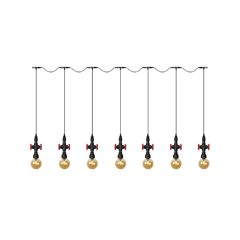 Antiqued Sphere Multi Light Chandelier with Amber Glass Pendant - LED Suspension in Black (3/5/7-Bulb)