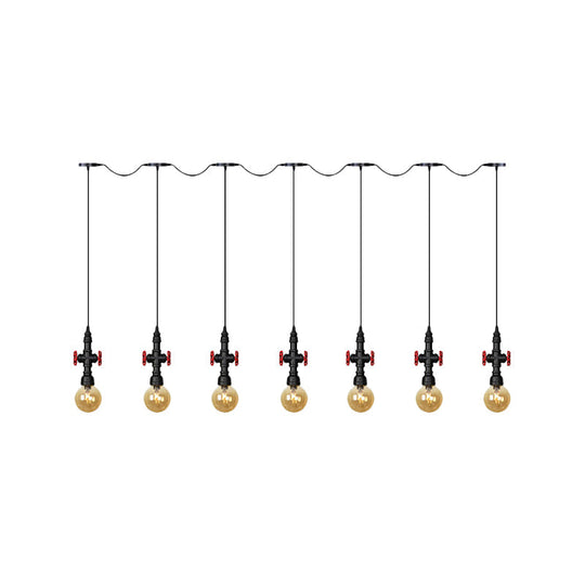 Antiqued Sphere Multi Light Chandelier with Amber Glass Pendant - LED Suspension in Black (3/5/7-Bulb)