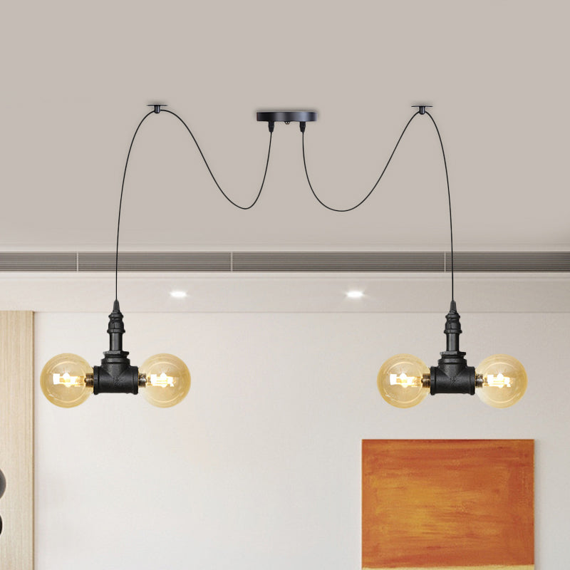 Industrial Orb Amber Glass Swag Pendant Lamp - 4/6/12 Bulbs Multi Hanging Light Fixture Black