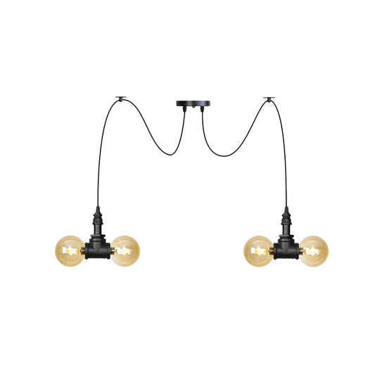 Industrial Orb Amber Glass Swag Pendant Lamp - 4/6/12 Bulbs Multi Hanging Light Fixture Black