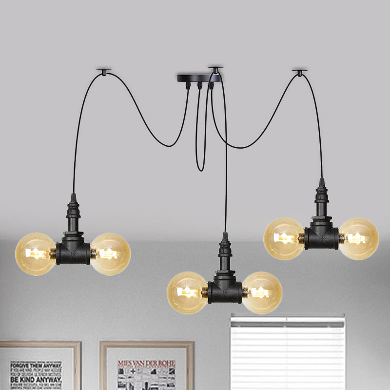 Industrial Orb Amber Glass Swag Pendant Lamp - 4/6/12 Bulbs Multi Hanging Light Fixture Black