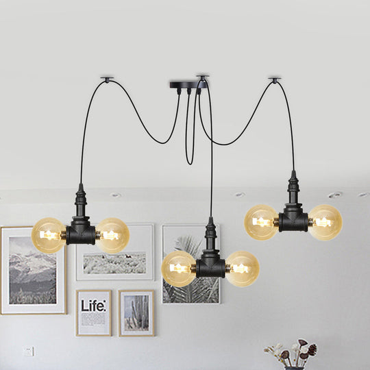 Industrial Orb Amber Glass Swag Pendant Lamp - 4/6/12 Bulbs Multi Hanging Light Fixture Black