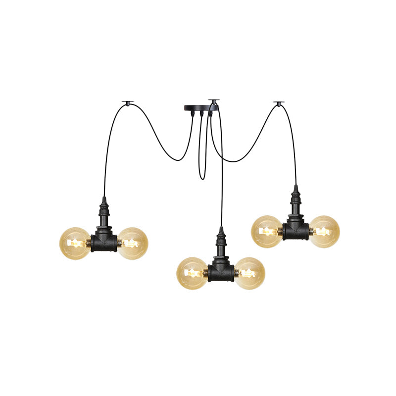 Industrial Orb Amber Glass Swag Pendant Lamp - 4/6/12 Bulbs Multi Hanging Light Fixture Black