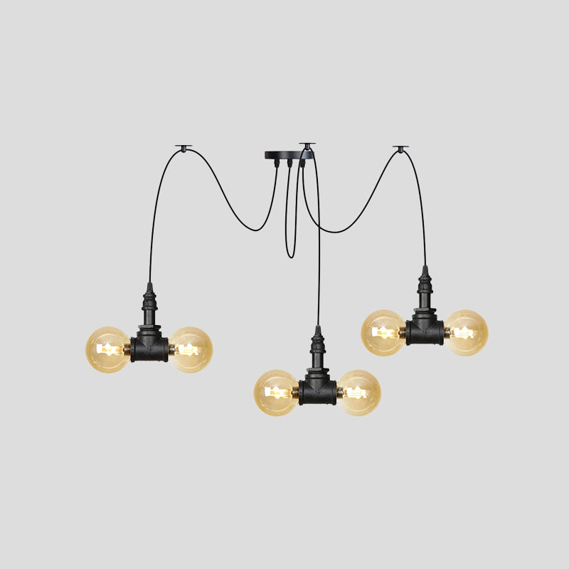 Industrial Orb Amber Glass Pendant Lamp - Multi Hanging Light Fixture (4/6/12 Bulbs) in Black