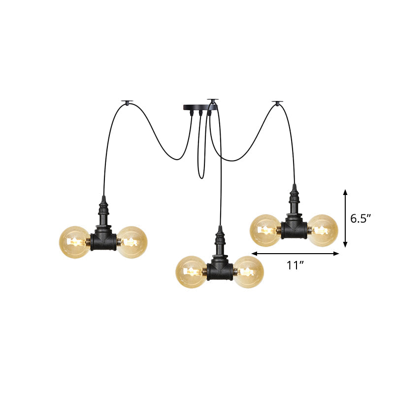 Industrial Orb Amber Glass Pendant Lamp - Multi Hanging Light Fixture (4/6/12 Bulbs) in Black