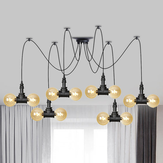 Industrial Orb Amber Glass Swag Pendant Lamp - 4/6/12 Bulbs Multi Hanging Light Fixture Black