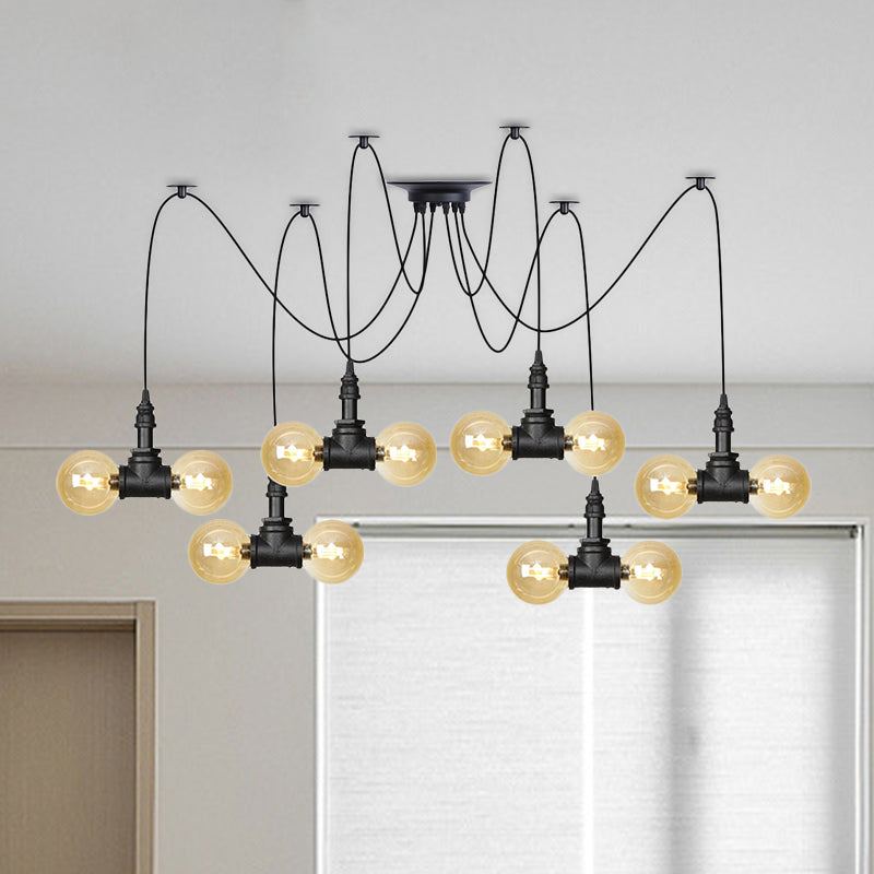 Industrial Orb Amber Glass Swag Pendant Lamp - 4/6/12 Bulbs Multi Hanging Light Fixture Black