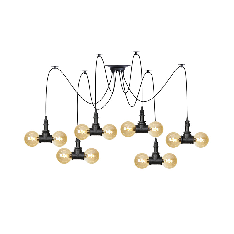 Industrial Orb Amber Glass Swag Pendant Lamp - 4/6/12 Bulbs Multi Hanging Light Fixture Black