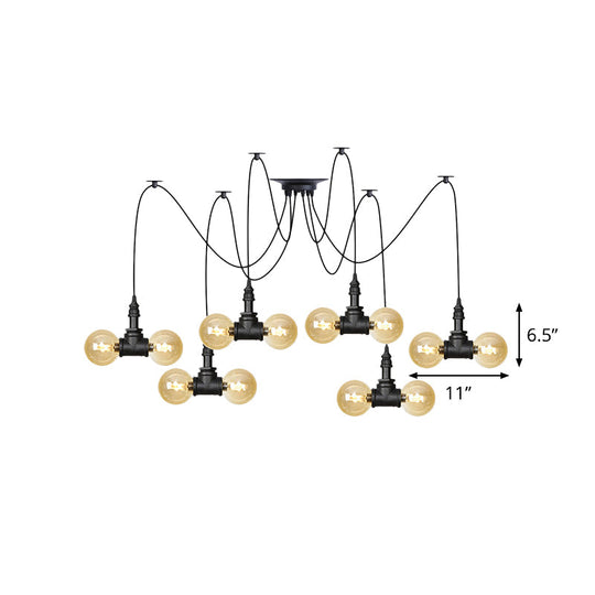 Industrial Orb Amber Glass Pendant Lamp - Multi Hanging Light Fixture (4/6/12 Bulbs) in Black