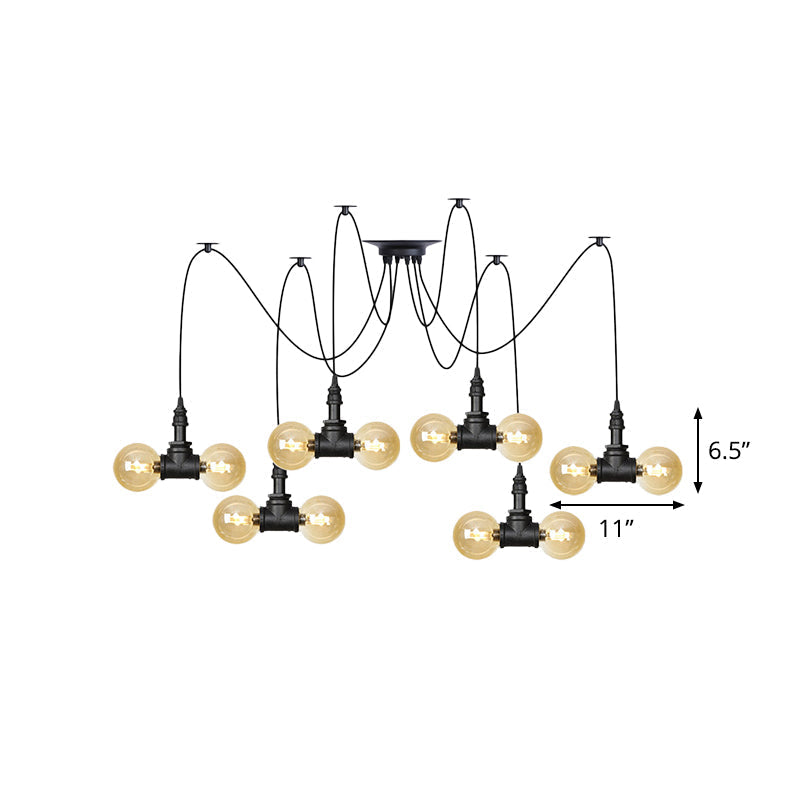 Industrial Orb Amber Glass Swag Pendant Lamp - 4/6/12 Bulbs Multi Hanging Light Fixture Black