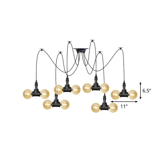 Industrial Orb Amber Glass Swag Pendant Lamp - 4/6/12 Bulbs Multi Hanging Light Fixture Black