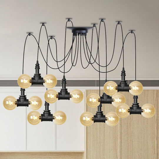 Industrial Orb Amber Glass Swag Pendant Lamp - 4/6/12 Bulbs Multi Hanging Light Fixture Black