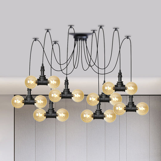 Industrial Orb Amber Glass Swag Pendant Lamp - 4/6/12 Bulbs Multi Hanging Light Fixture Black